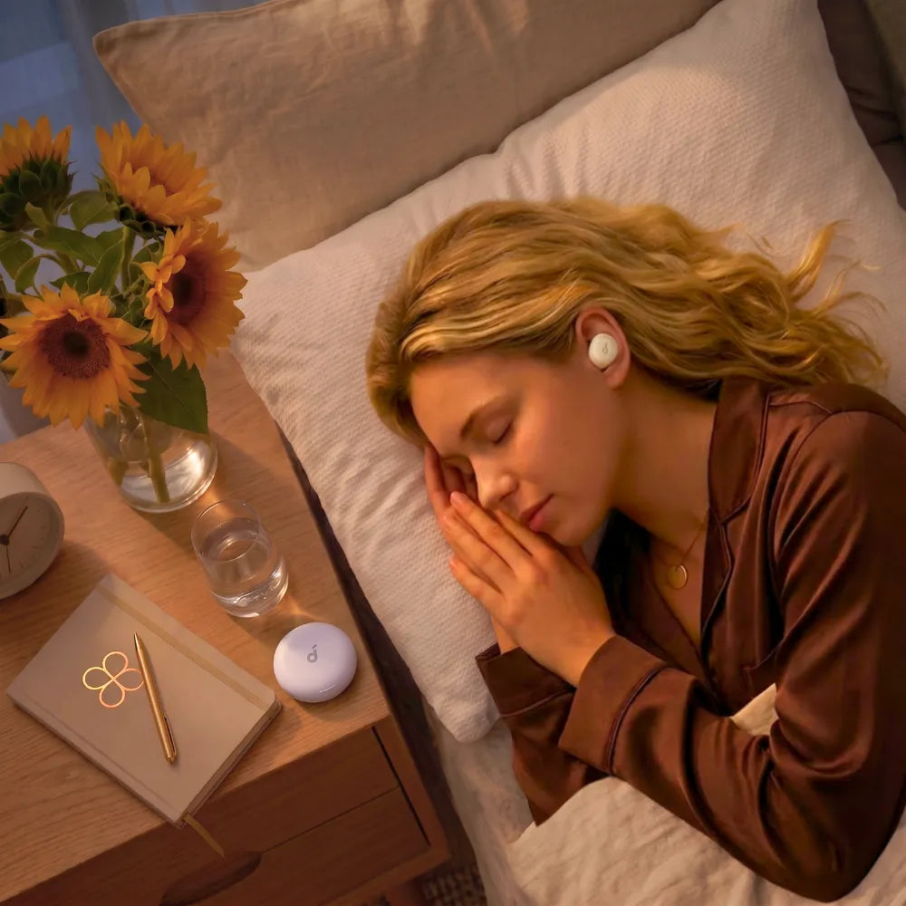 A woman sleeping in bed, wearing white wireless earbud. A matching white charging case sits on the bedside table next to her, alongside a notebook, pen, glass of water, and a vase of sunflowers.