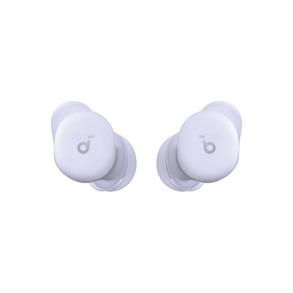 A pair of white true wireless earbuds with a matte finish and a small gray logo on the front, shown against a transparent background.